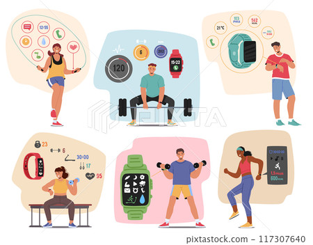 Set Of People Using Smartwatches And Fitness Apps During Exercises. Characters Running, Lifting Weights And Cycling 117307640