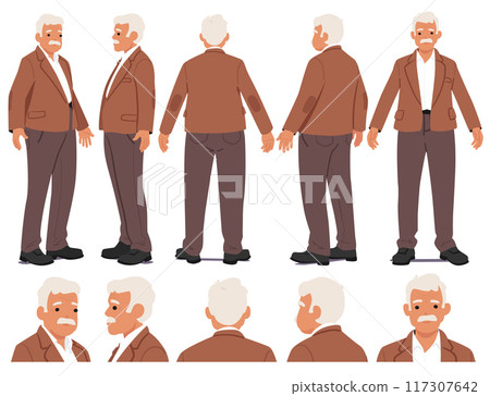 Older Caucasian Man With White Hair Is Shown In Various Poses And Angle. Senior Male Character Wearing A Casual Blazer 117307642