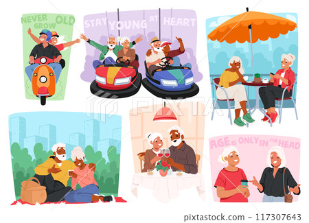 Cheerful Older People Engaging In Diverse Activities, From Riding Scooters To Enjoying Bumper Cars, Outdoor Picnics 117307643