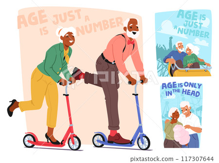 Joyful Older Couple Riding Scooter, Rollercoaster And Eating Cotton Candy Symbolizing Concept That Age Is Just A Number 117307644