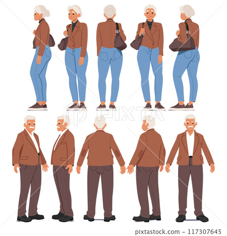 Elderly Man And Woman From Multiple Profile Views. Characters Are Dressed Casually, Showcasing Front, Side, Back Views 117307645