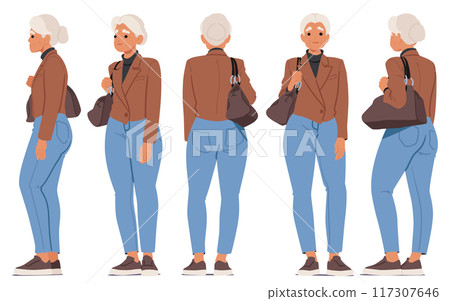 Elderly Woman Shown In Different Profile Views Wearing A Casual Outfit. Aged Character Dressed In Brown Jacket and Jeans 117307646