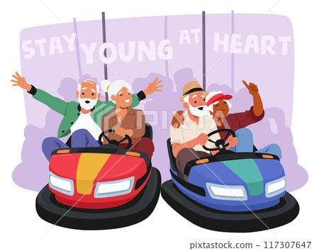 Cheerful Older Adults Having Fun Riding Bumper Cars At An Amusement Park. Cartoon Image Shows Happiness and Joy 117307647