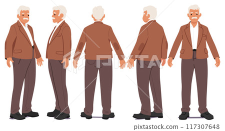 Vector Illustration Showing Multiple Views Of An Elderly Man In A Brown Suit. Character Animation, Storytelling 117307648