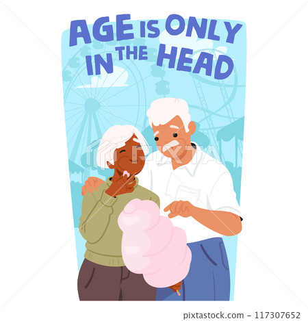 Joyful Older Couple Sharing Cotton Candy At A Fun Fair. Cheerful Senior Characters Smiling And Expressing Happiness Joyful Older Couple Sharing Cotton Candy At A Fun Fair. Cheerful Senior Characters Smiling And Expressing Happiness 117307652