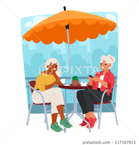 Two Older Cartoon Women Enjoying A Relaxing Time Outdoors At A Cafe, Sitting Under An Umbrella And Having Coffee 117307653