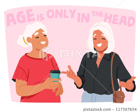 Two Joyful Older Women Sharing A Moment Over Coffee. Cartoon Characters Laughing And Enjoying Each Others Company 117307654