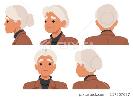 Elderly Woman Shown From Different Angles. Vector Illustration Highlights Female Character Profile, Front And Back Views 117307657