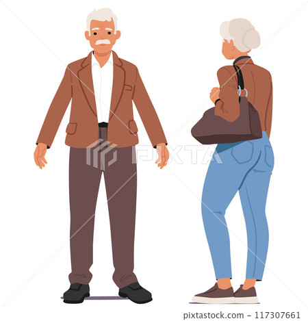 Elderly Couple Standing Front And Rear View Position. Old Man Wears A Brown Jacket And Pants, Vector Illustration 117307661