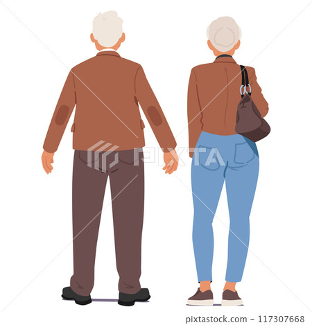 Elderly Couple Standing Back View Position. Senior Male And Female Characters Dressed In Casual Clothing, Vector Elderly Couple Standing Back View Position. Senior Male And Female Characters Dressed In Casual Clothing, Vector 117307668