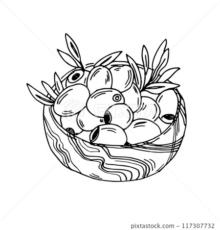 Olives and olive branches in wooden bowl from side view isolated on white background. Hand drawn Sketch, Botanical illustration in outline style. Can be used for menu, product package and food design 117307732