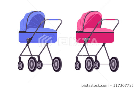 Cartoon pink and blue baby strollers. Newborn children pushchairs color for boy and girl flat vector illustration set. Pink and blue strollers for baby boy and girl Cartoon pink and blue baby strollers. Newborn children pushchairs color for boy and girl flat vector illustration set. Pink and blue strollers for baby boy and girl 117307755