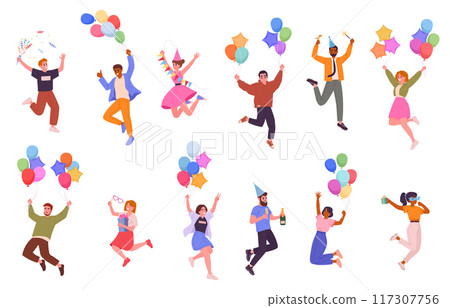 Celebrating people. Happy men and women celebrate holiday, characters with gift box, balloons and champagne at Birthday party flat vector illustration set. Cheerful celebrating friends 117307756