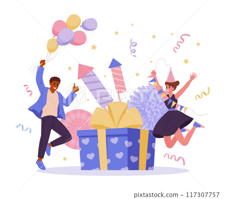 Cheerful couple celebrating birthday party. Happy characters with balloons jumping near big birthday gifts box flat vector illustration. Birthday party celebration concept 117307757