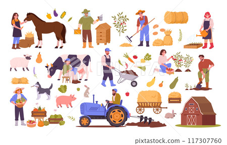 Farm harvesting. Rural agriculture workers, farm animals and harvested crop, organic food production and husbandry flat vector illustration set. Farming harvest elements collection 117307760