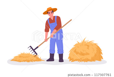 Farmer work with hay. Agriculture worker with hay pitchfork, rural harvesting flat vector illustration. Agriculture farm work scene 117307761