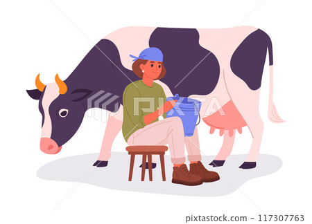 Female dairy farmer. Country milker with cute cow and bucket with fresh milk, female character doing farming job flat vector illustration. Woman take care of domestic animal 117307763
