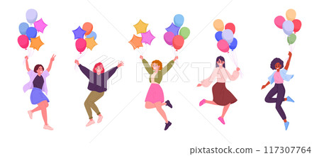 Girls with air balloons. Happy jumping female characters with helium balloons in hands, women floating with colorful balloons flat vector illustration set. Cheerful girls with balloons 117307764