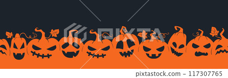 Halloween pumpkin seamless banner. Spooky squash lanterns silhouettes, scary jack-o-lanterns halloween flat vector background illustration. Halloween holiday party endless poster 117307765