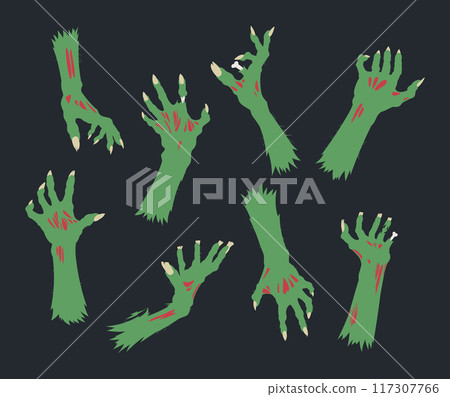 Halloween zombie arms. Creepy monsters hands with long nails, spooky horror green arms flat vector illustration set. Cartoon zombie arms 117307766