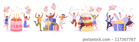 Holiday celebration. People celebrating birthday party, characters dancing around birthday cake and gifts flat vector illustration set. Holidays, festival and party scenes 117307767