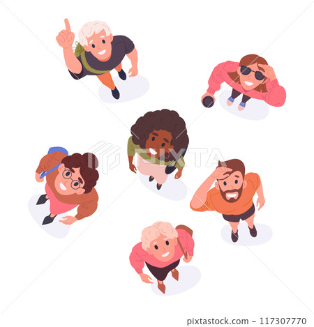 Male and female people looking up. Cartoon people top view look upwards, men and women view from above amazed something in sky flat vector illustration set. People staring up Male and female people looking up. Cartoon people top view look upwards, men and women view from above amazed something in sky flat vector illustration set. People staring up 117307770