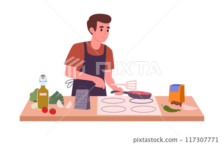 Man cooking at home. Male character cooking tasty dishes, preparing food at home flat vector illustration. Homemade meal preparation scene Man cooking at home. Male character cooking tasty dishes, preparing food at home flat vector illustration. Homemade meal preparation scene 117307771