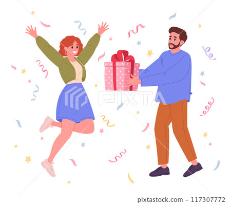Man gives gift to happy woman. Birthday festive mood, celebrating birthday party, couple with present box flat vector illustration. Birthday or anniversary celebration Man gives gift to happy woman. Birthday festive mood, celebrating birthday party, couple with present box flat vector illustration. Birthday or anniversary celebration 117307772