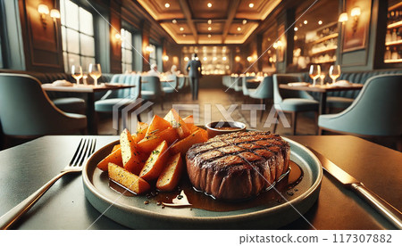 Thick and hearty steak and fries 117307882
