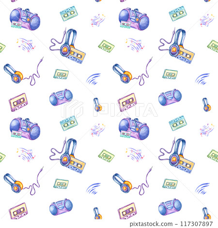Wired headphones, Audio cassette, Tape recorder. Sounds of music and musical notes. Musical seamless pattern in 90s, Y2K style. Color watercolor illustration. For textile design, package, wrapping 117307897