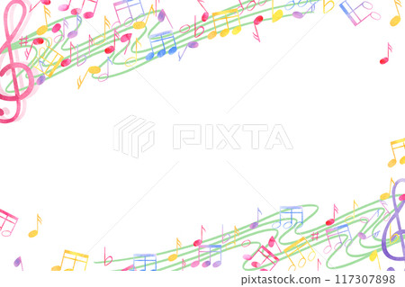Vibrant Musical Border. Notes and treble clefs on music staff. Horizontal frame with copy space for text. International Music Day. Watercolor illustration for greeting, invitation, advertising 117307898