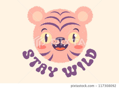 Vector emblem of a head tiger and typography "stay wild". Vintage poster of cute kawaii tiger emoji. Vector emblem of a head tiger and typography "stay wild". Vintage poster of cute kawaii tiger emoji. 117308092