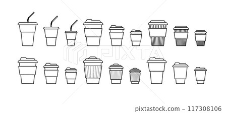 Coffee cup line and flat style. Disposable coffee cup. Coffee paper cup container for hot and cold drink juice tea cocoa. Vector Coffee cup line and flat style. Disposable coffee cup. Coffee paper cup container for hot and cold drink juice tea cocoa. Vector 117308106