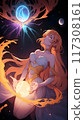 woman with long flowing orange hair, wearing a white and gold dress, holding a glowing orb in her hands, surrounded by swirling orange energy, and looking up at a glowing blue orb 117308161