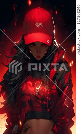 woman with a fierce and confident expression, wearing a red baseball cap with a white logo, a red jacket with a black collar, and a black crop top woman with a fierce and confident expression, wearing a red baseball cap with a white logo, a red jacket with a black collar, and a black crop top 117308246