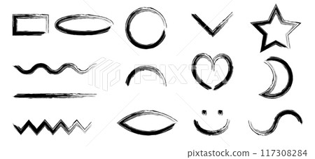 Brush doodles. Grunge line shapes. Heart, star, ellipse and various curved line shapes. Brush doodles. Grunge line shapes. Heart, star, ellipse and various curved line shapes. 117308284