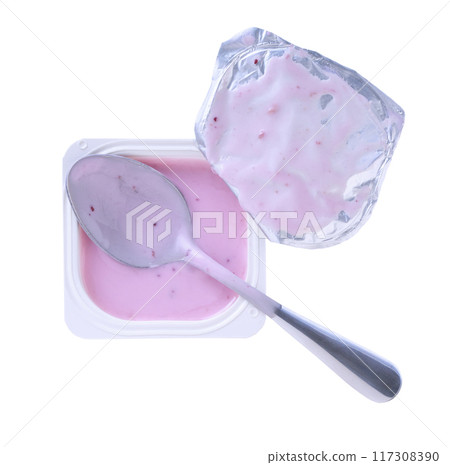 blueberry yogurt or fruit dessert with spoon in white plastic cup isolated on a white background. blueberry yogurt or fruit dessert with spoon in white plastic cup isolated on a white background. 117308390
