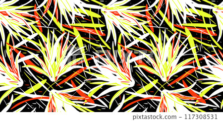 Vector seamless pattern with bright long exotic leaves on black background Vector seamless pattern with bright long exotic leaves on black background 117308531