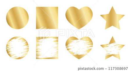 Gold round, square, heart and star scratch card shapes with new and scraped textures. Set of of winner lotteries, sale coupons, jackpot scratchcard templates. Vector illustration 117308697