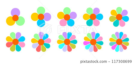 Set of flower shapes. Floral diagrams with petals from 3 to 12 for data presentation isolated on white background. Infographic templates. Vector flat illustration 117308699