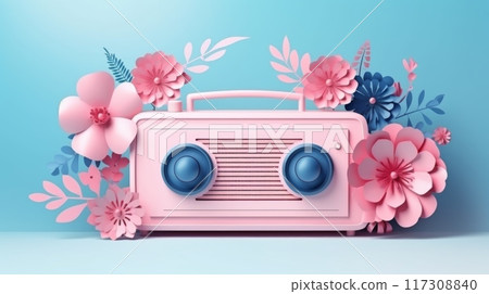 Pink Radio Surrounded by Pastel Paper Flowers on Light Blue Background Ai Generated 117308840