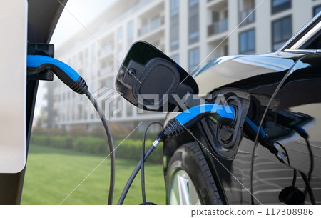 Close up of electric car inlet with a connected charging cable Close up of electric car inlet with a connected charging cable 117308986