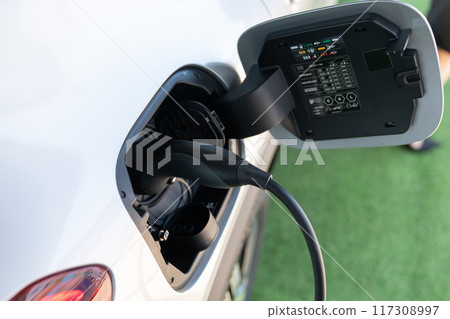 Close up of electric car inlet with a connected charging cable Close up of electric car inlet with a connected charging cable 117308997