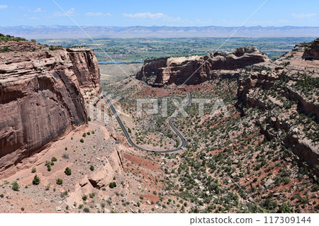 Scenic view in Colorado National Monument with city of Fruita in background. Scenic view in Colorado National Monument with city of Fruita in background. 117309144