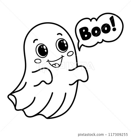 Charming black and white vector illustration of a Halloween ghost. Perfect for kids colouring books 117309255
