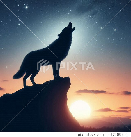 狼在懸崖上嚎叫的剪影 117309531