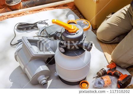 Installing sand filter system tank, equipment for swimming pool cleaning 117310202