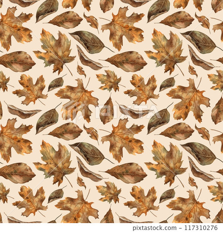Various types of autumn dry leaves. Watercolor botanical seamless pattern in autumn style on a beige background. For seasonal design, Halloween, Thanksgiving, cards, posters, wallpaper, textiles Various types of autumn dry leaves. Watercolor botanical seamless pattern in autumn style on a beige background. For seasonal design, Halloween, Thanksgiving, cards, posters, wallpaper, textiles 117310276