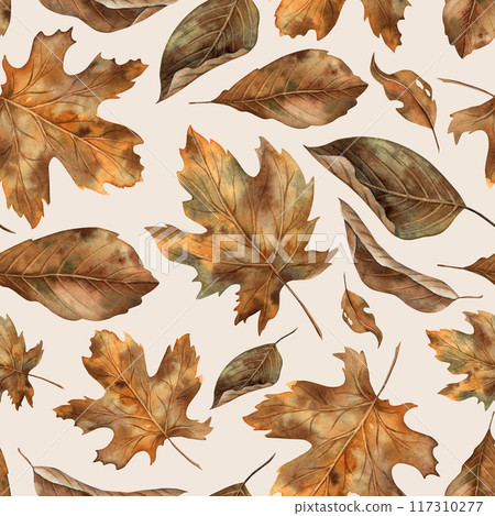Various types of autumn dry leaves. Watercolor botanical seamless pattern in autumn style on a beige background. For seasonal design, Halloween, Thanksgiving, cards, posters, wallpaper, textiles Various types of autumn dry leaves. Watercolor botanical seamless pattern in autumn style on a beige background. For seasonal design, Halloween, Thanksgiving, cards, posters, wallpaper, textiles 117310277
