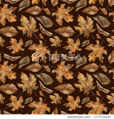 Various types of autumn dry leaves. Watercolor botanical seamless pattern in autumn style on a brown background. For seasonal design, Halloween, Thanksgiving, cards, posters, wallpaper, textiles 117310281